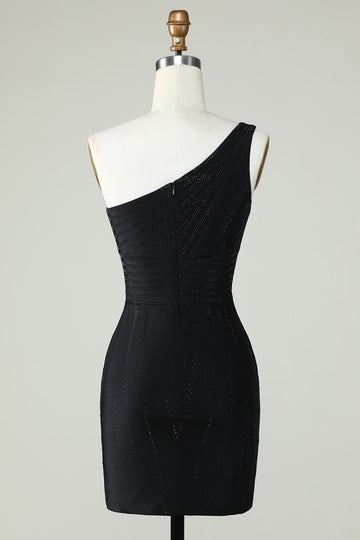 Sheath One Shoulder Black Short Cocktail Dress with Beading